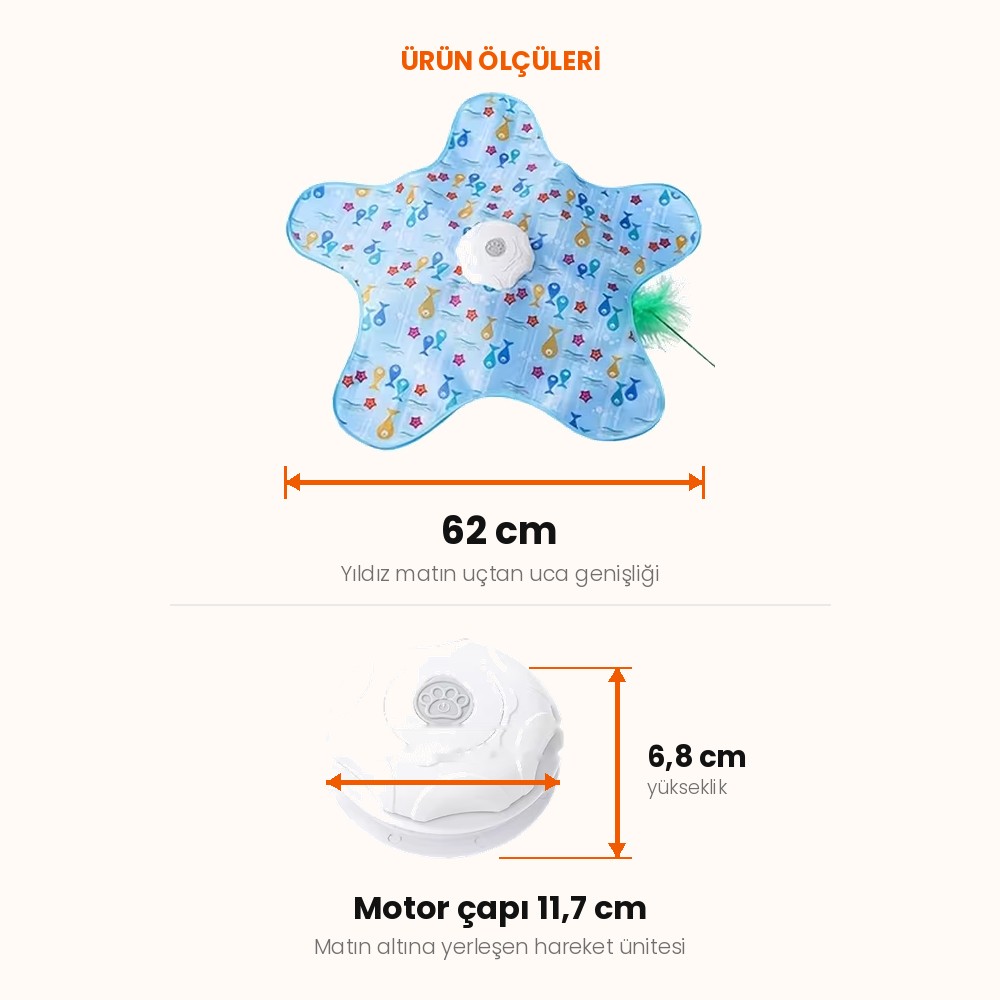 Kedi oyun matı ölçüleri: mat 62 cm, motor çapı 11,7 cm, yüksekliği 6,8 cm